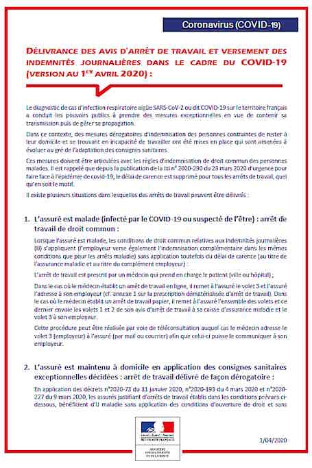 Délivrance des avis d’arrêt de travail et versement des indemnités journalières dans le cadre du covid-19 (1er avril 2020)